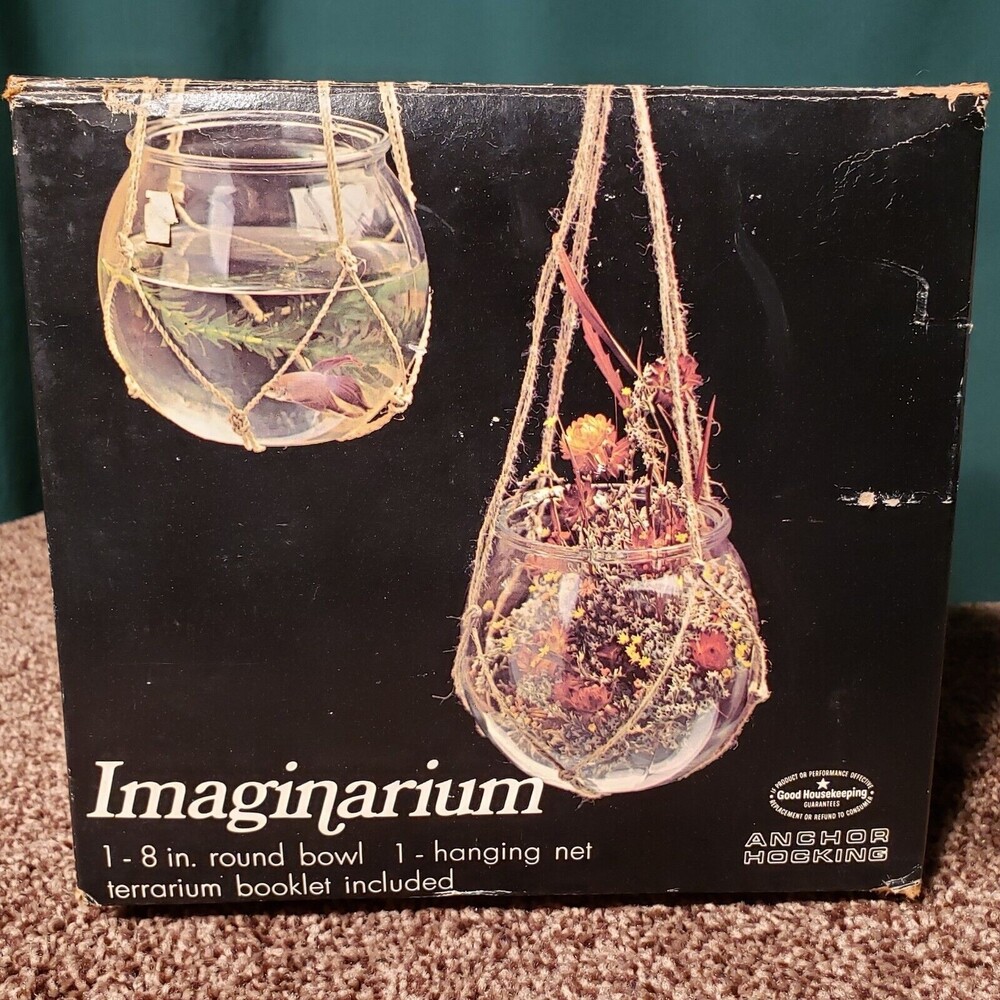 VTG Anchor Hocking Imaginarium 8" Round Bowl Hanging Macramé Net Terrarium NOS